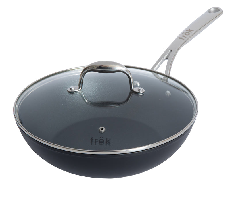 Frok 11" Aluminum Frok (Fry Pan / Wok Hybrid) w/ Glass Lid - Platinum SR Non-Stick - Matte Exterior - Stainless Steel Handle - Colored Remailer