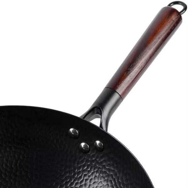 Gibson Home Stargaze Hammered 13" Rust Resistant Carbon Steel Wok - Black - Hammered Exterior - Wood/CS Handle - Color Sleeve