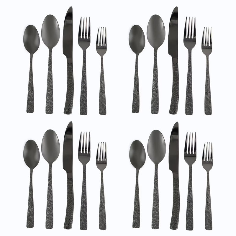 Gibson Elite Stonehenge 20pc Stainless Steel Flatware Set - Hammered Handle - Gift Box Black
