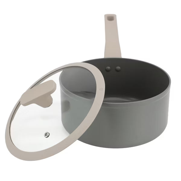 Oster Ambrose Forged 3qt Aluminum Saucepan w/ Silicone Rim - Glass Lid - Taupe - Nonstick - Induction Base - Soft Touch Handle - Color Sleeve