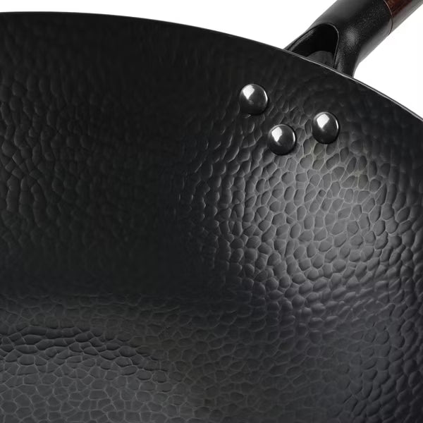 Gibson Home Stargaze Hammered 13" Rust Resistant Carbon Steel Wok - Black - Hammered Exterior - Wood/CS Handle - Color Sleeve