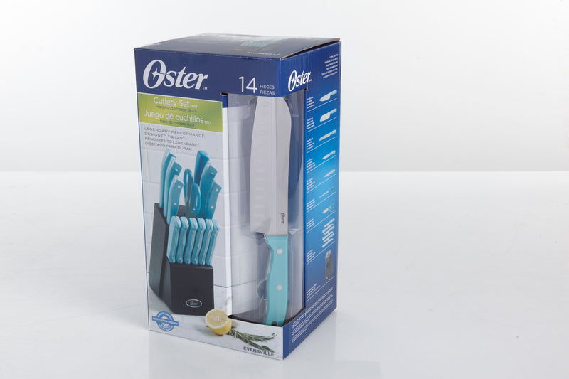 Oster Evansville 14pc Stainless Steel Cutlery Set w/ Rubberwood Block - Plastic Handle - Polished - Gift Box