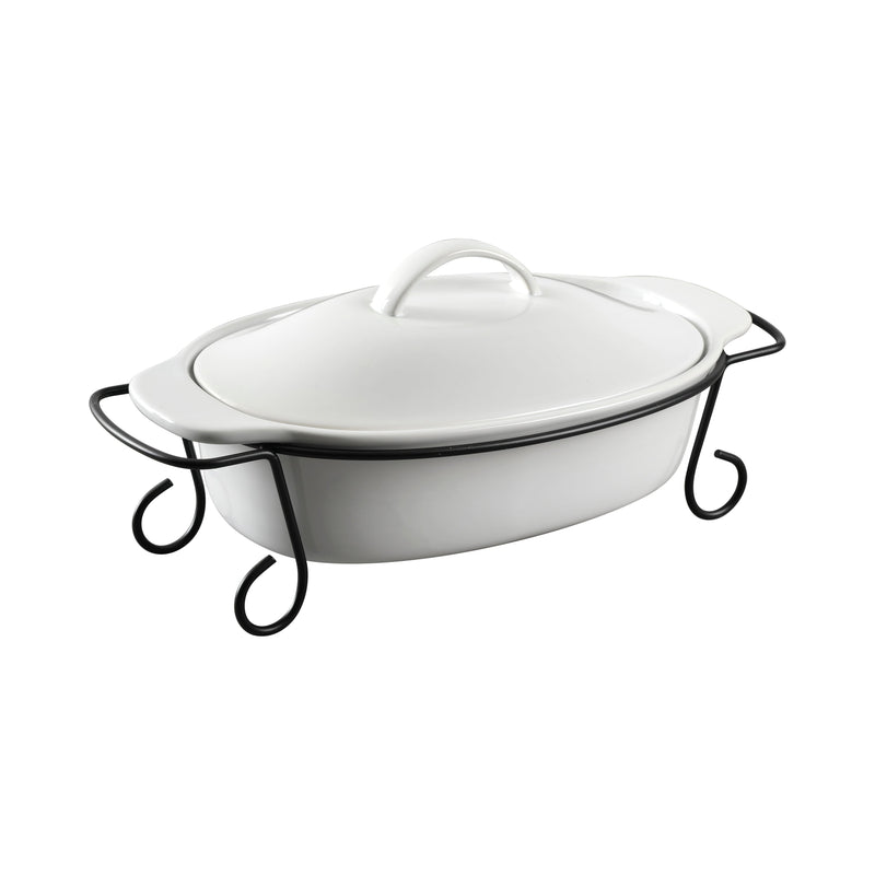 Gibson Elite Gracious Dining 2.2qt Stoneware Bakeware w/ Lid & Metal Rack - White - Oval - Gift Box
