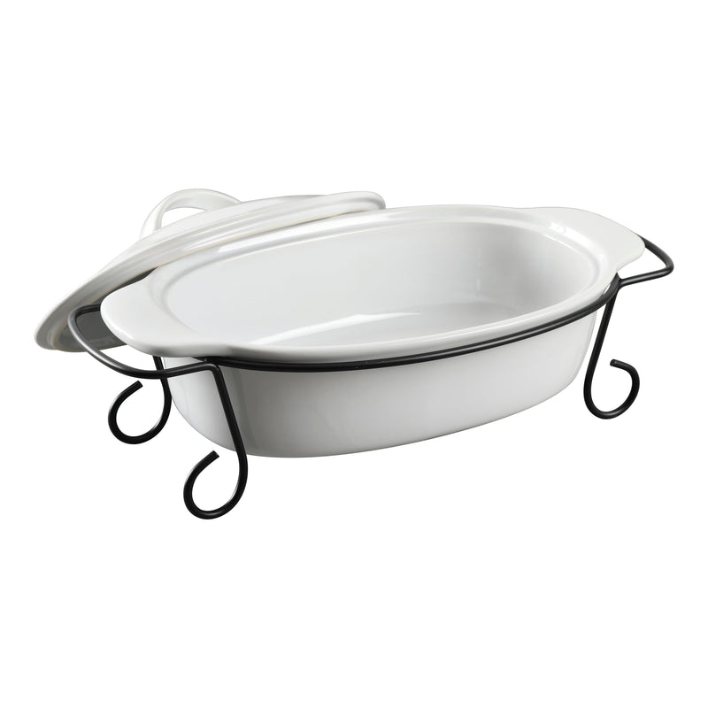 Gibson Elite Gracious Dining 2.2qt Stoneware Bakeware w/ Lid & Metal Rack - White - Oval - Gift Box