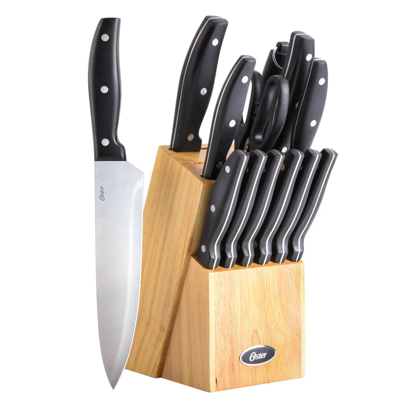 Oster Granger 14pc Cutlery Set w/ Rubberwood Block - Black ABS Handle - Satin Finish - Full Tang w/ Triple Rivets - SS - GBX