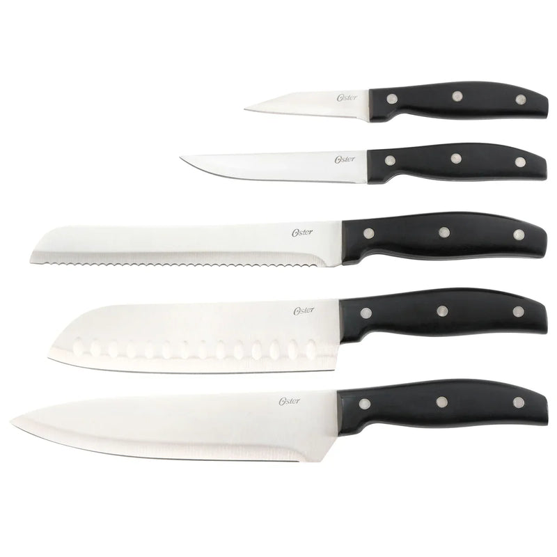 Oster Granger 14pc Cutlery Set w/ Rubberwood Block - Black ABS Handle - Satin Finish - Full Tang w/ Triple Rivets - SS - GBX