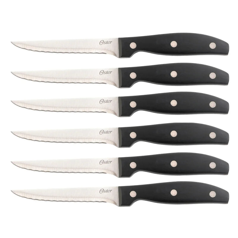 Oster Granger 14pc Cutlery Set w/ Rubberwood Block - Black ABS Handle - Satin Finish - Full Tang w/ Triple Rivets - SS - GBX