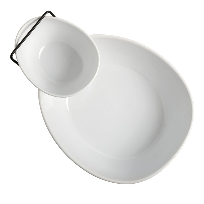 Gibson Elite Gracious Dining 2-Tier Chip & Dip Serving Set w/ Metal Stand - White - Oval - Stoneware - Gift Box