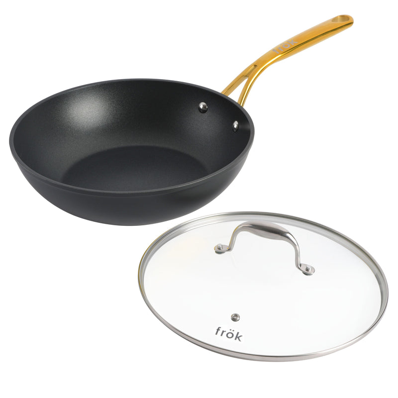 Frok 11" Aluminum Frok (Fry Pan / Wok Hybrid) w/ Glass Lid - Platinum SR Non-Stick - Matte Exterior - Stainless Steel Handle - Colored Remailer