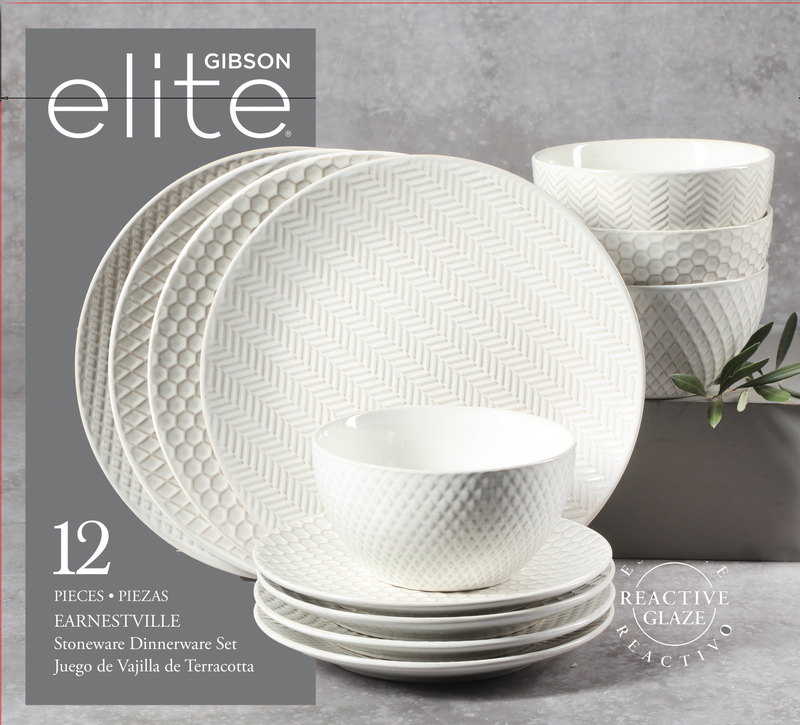 Gibson Elite Earlhart 12pc Dinnerware Set - 4 Assorted Designs - Cream - Reactive Glaze - Stoneware - Gift Box