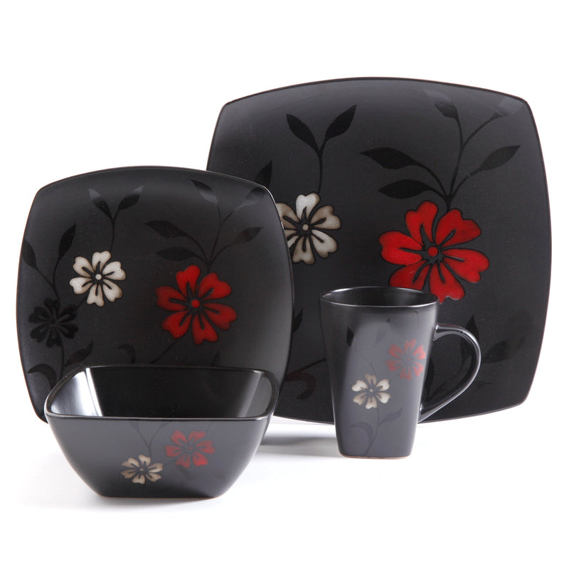 Gibson Elite Evening Blossom 16pc Dinnerware Set - Black - Square - Reactive - Stoneware - Gift Box