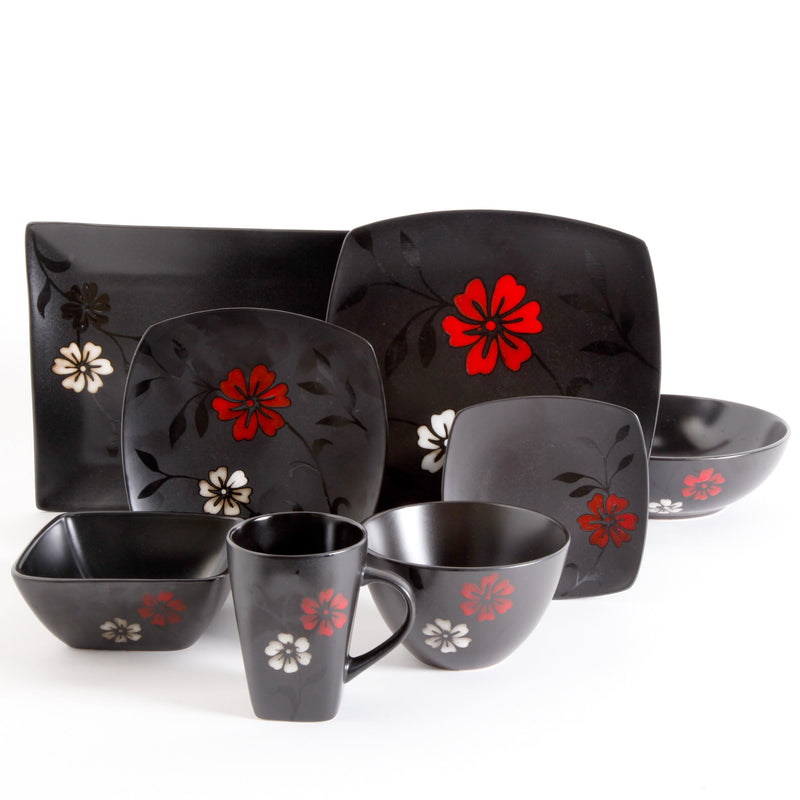 Gibson Elite Evening Blossom 16pc Dinnerware Set - Black - Square - Reactive - Stoneware - Gift Box