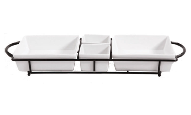 Gibson Elite Gracious Dining 4-Section Tidbit Dishes Set w/ Metal Stand - White - Rectangle - Stoneware - Gift Box