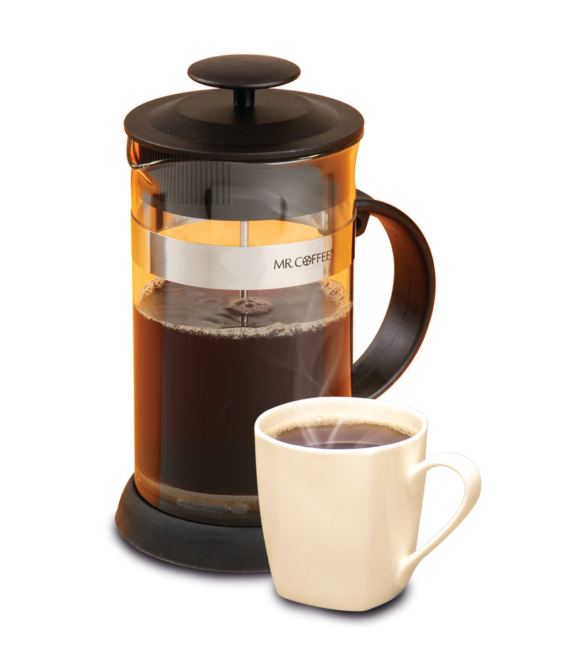 Mr. Coffee Cafe  Oasis 32oz Glass Coffee Press w/ Scoop - Black - PP Handle & Knob - Stainless Steel Band - Gift Box