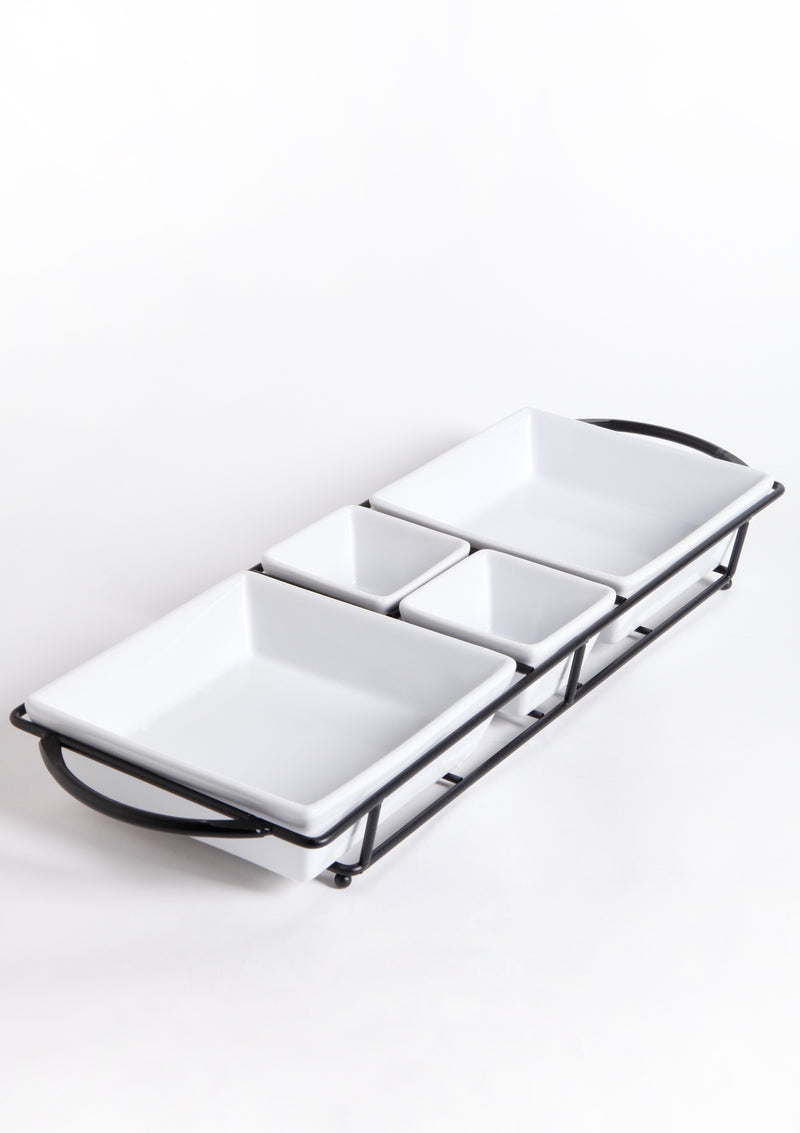 Gibson Elite Gracious Dining 4-Section Tidbit Dishes Set w/ Metal Stand - White - Rectangle - Stoneware - Gift Box