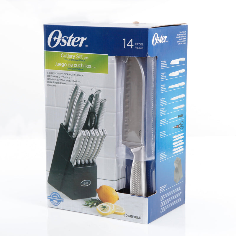 Oster Edgefield 14pc Stainless Steel Cutlery Set w/ Black Block - Brushed - Gift Box