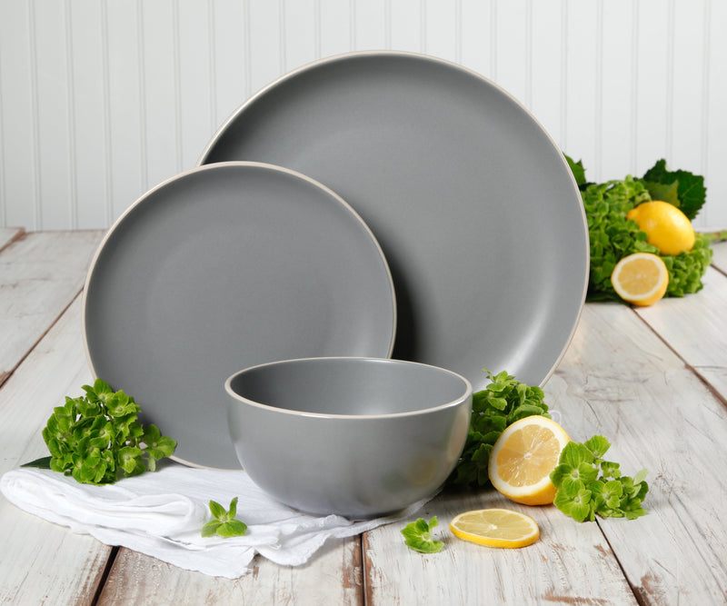 Gibson Home Rockaway 12pc Dinnerware Set - Solid Color - Stoneware - Gift Box: Matte Black / Matte Grey