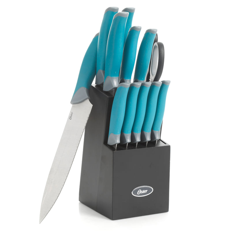 Oster Lindbergh 14pc Stainless Steel Cutlery Set w/ Color Stained Wood Block - TPR/PP Handle - Gift Box