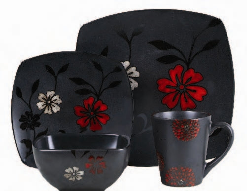 Gibson Elite Evening Blossom 16pc Dinnerware Set - Black - Square - Reactive - Stoneware - Gift Box