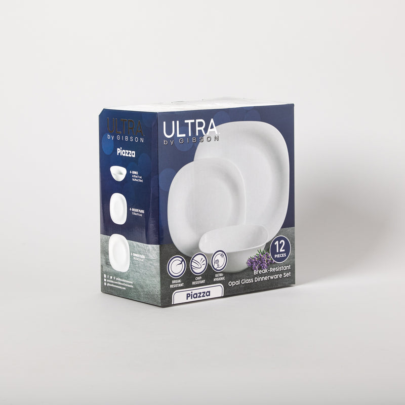 Gibson Home Ultra Piazza 12pc Opal Glass Dinnerware Set - White - Soft Square - Gift Box